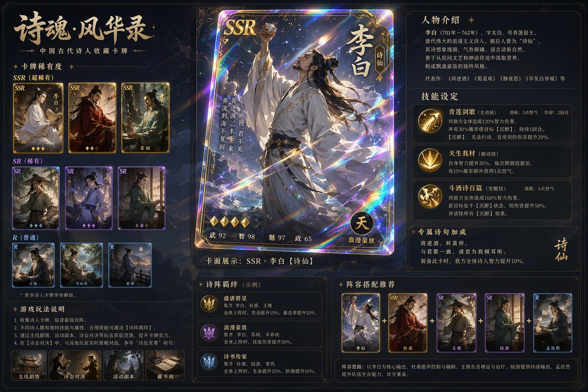 Ancient Chinese Poets Laser Collectible Cards — Sora 2 Prompt