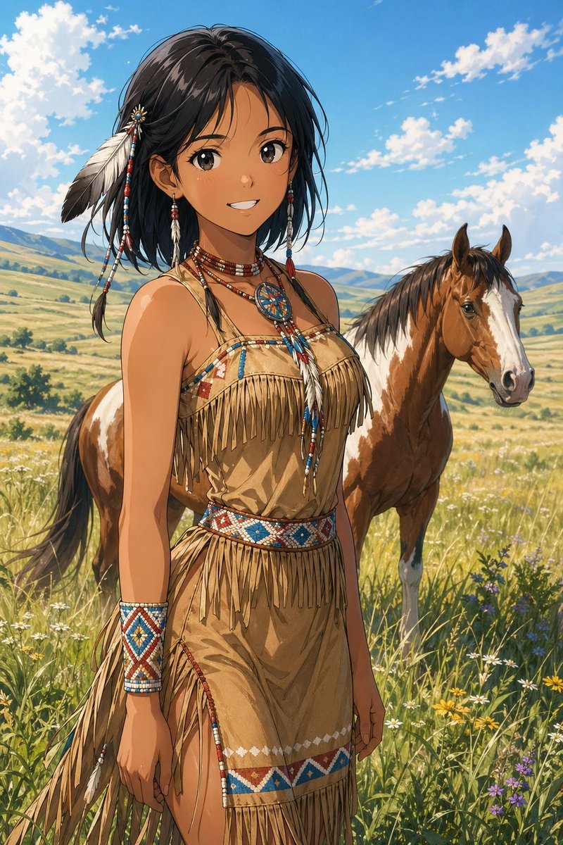 Anime Native American Woman & Horse — Sora 2 Prompt