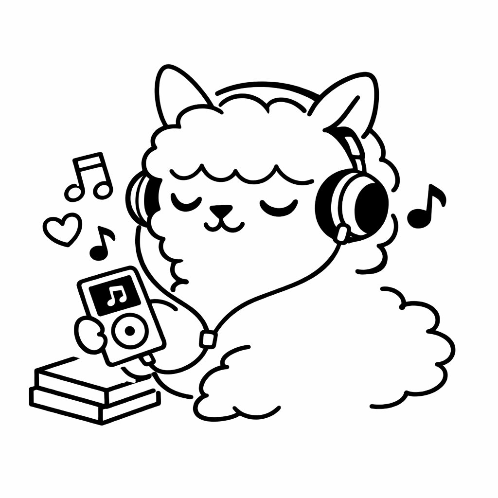 Cute Alpaca Listening to Music — Minimalist Line Art Prompt