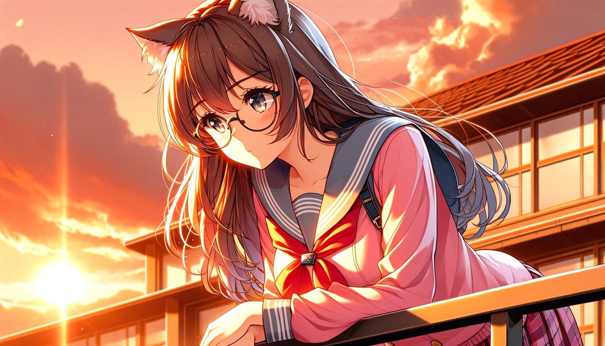 Anime Cat-Ear Schoolgirl Sunset Rooftop — Sora 2 Prompt