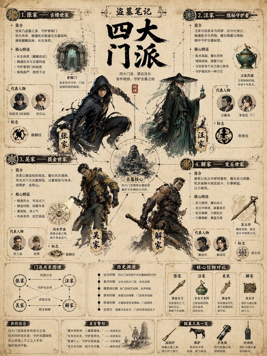 Grave Robbers' Chronicles: Four Sects Infographic — Sora 2 Prompt