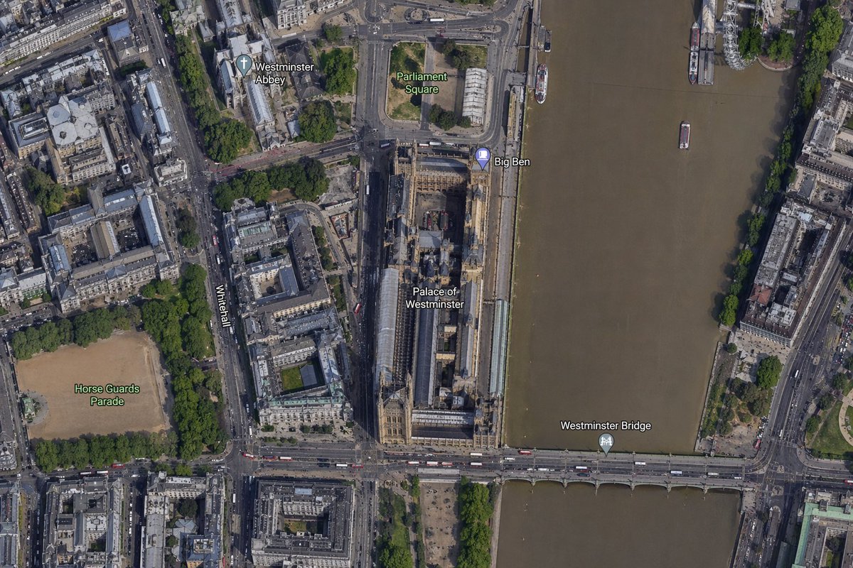 Satellite Map: Big Ben & Westminster Labels — Sora 2 Prompt