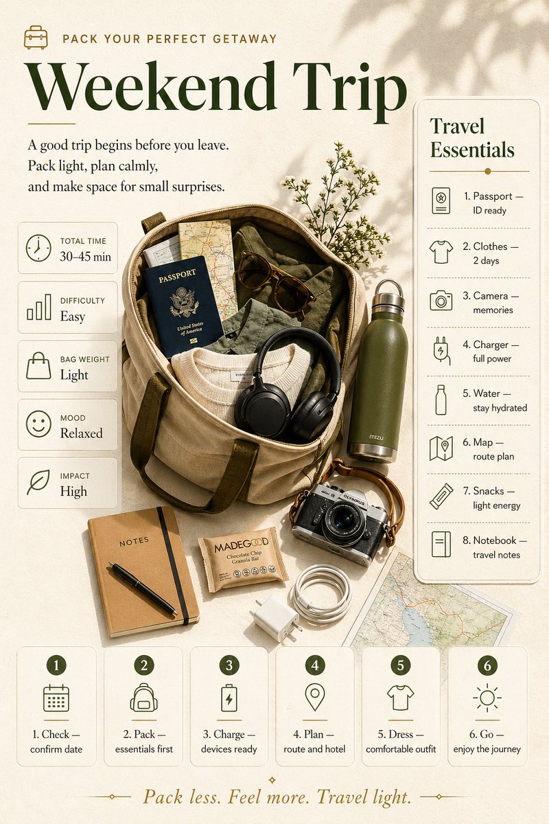 Weekend Travel Packing Infographic — Minimalist Flat Lay Poster