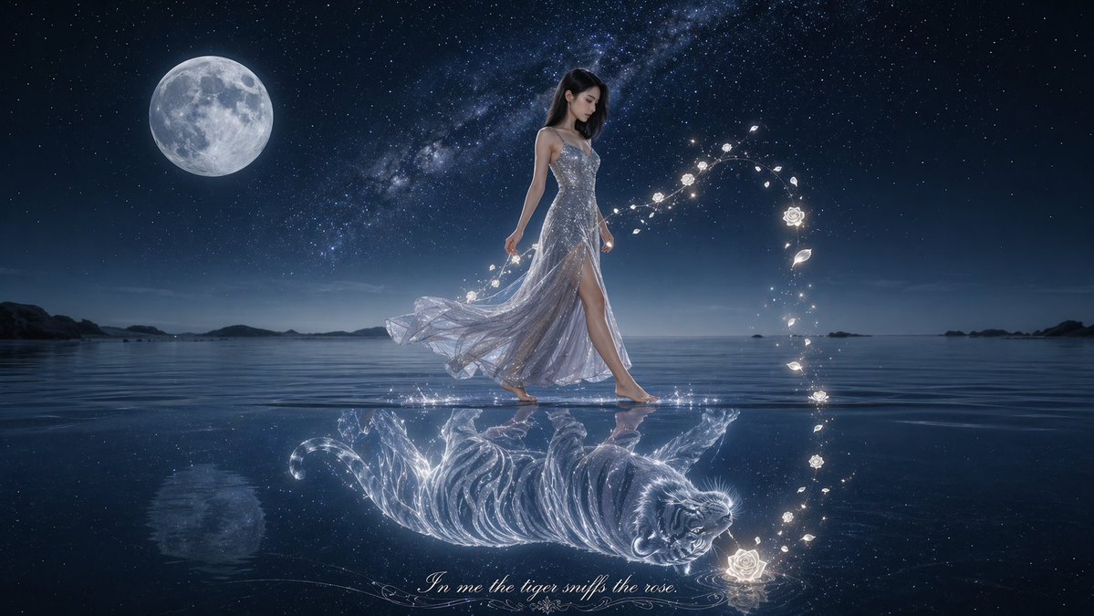 Moonlit Woman & Glowing Tiger Reflection — Sora 2 Prompt
