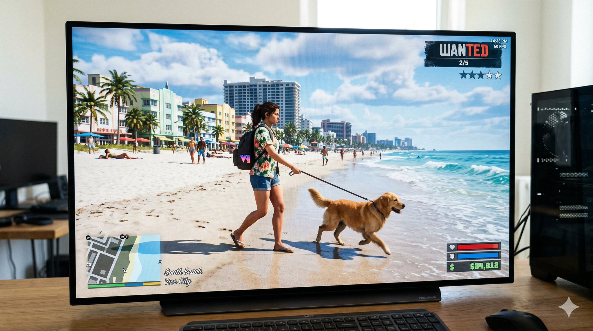 GTA 6 In-Game Footage: Beach Walk with Dog — Sora 2 Prompt
