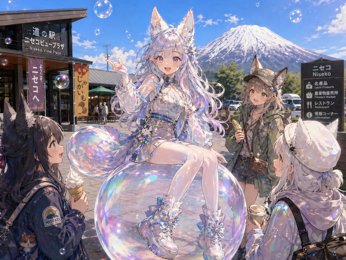 Anime Fox Girls Reunion at Niseko View Plaza — Sora 2 Prompt
