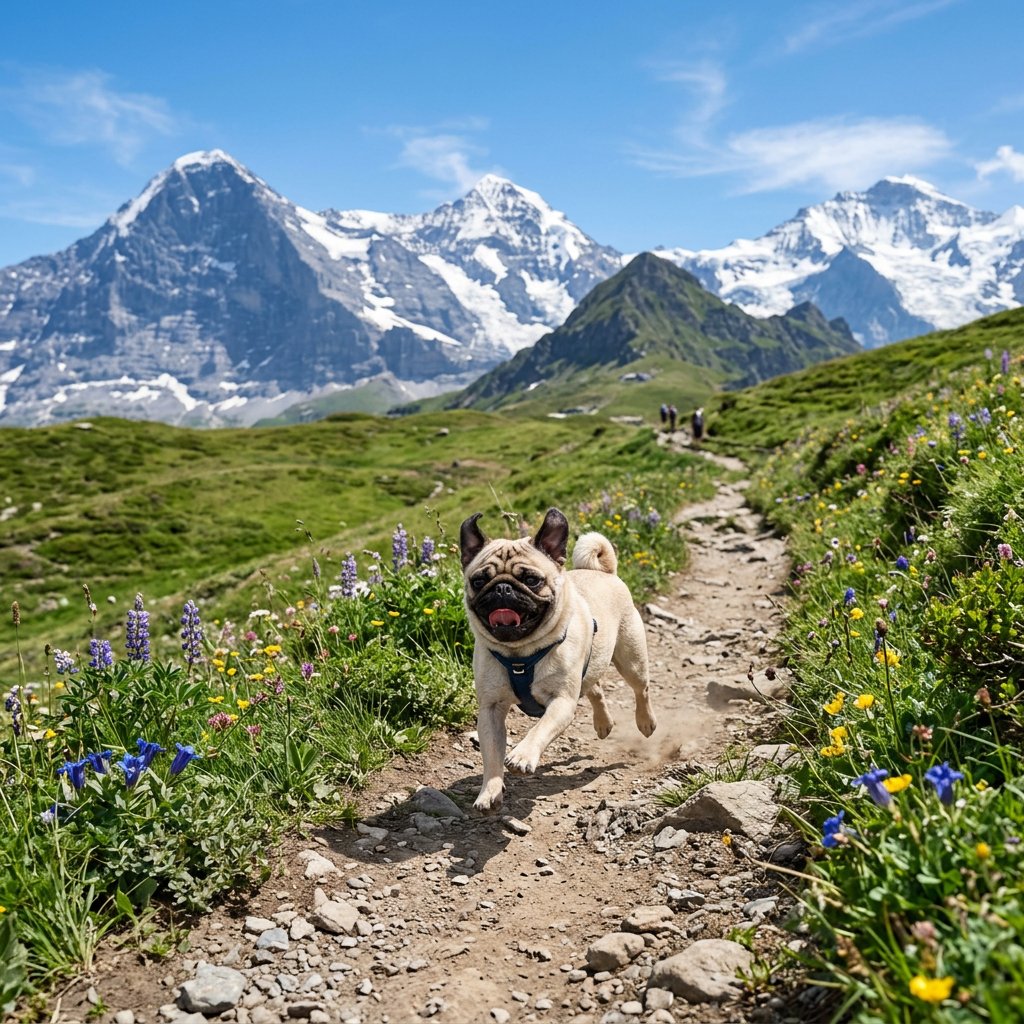 Pug Running on Mountain Trail — Sora 2 Prompt