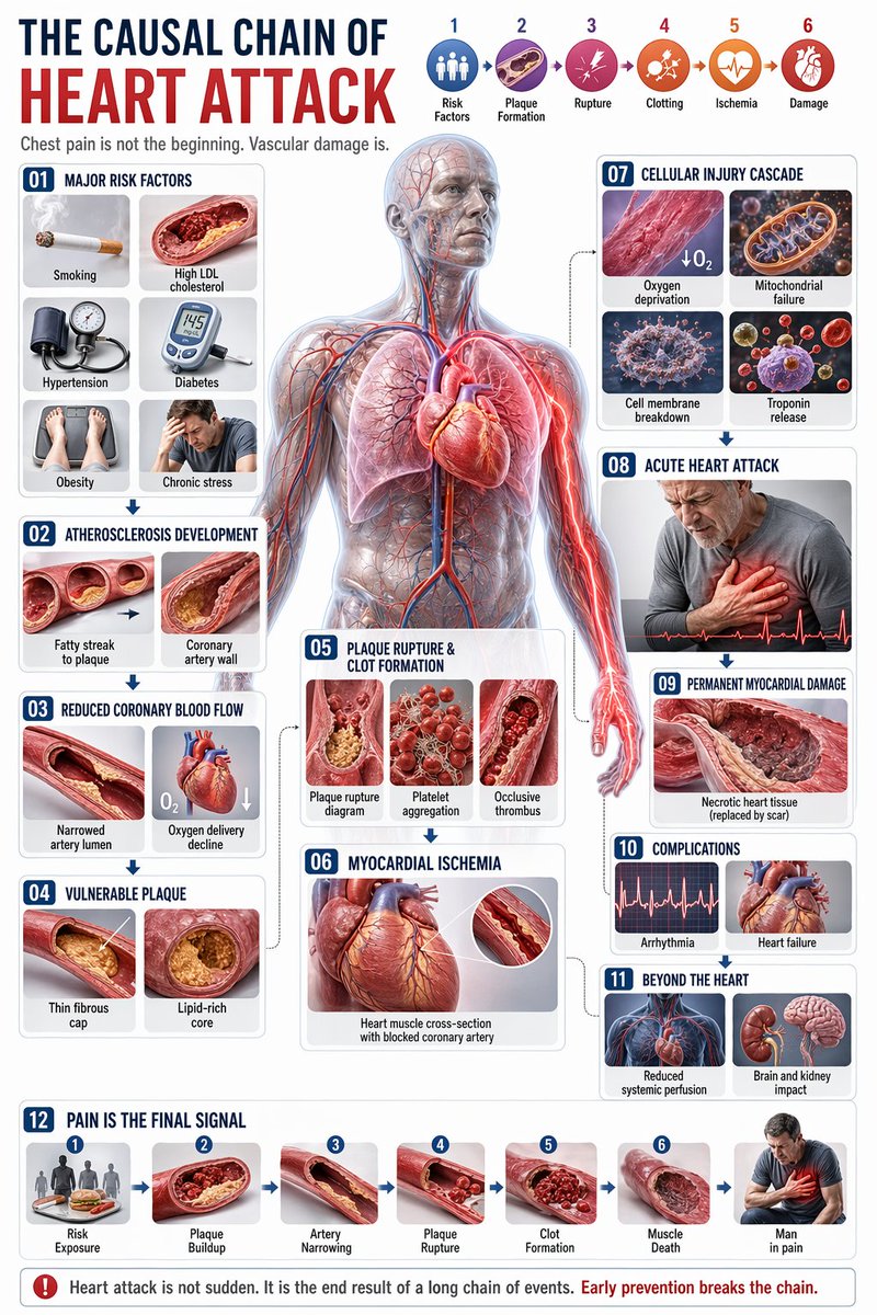 Heart Attack Causal Chain — 3D Medical Infographic Prompt