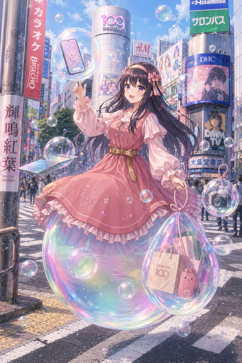 Dreamy Shibuya Bubble Girl — Anime AI Prompt