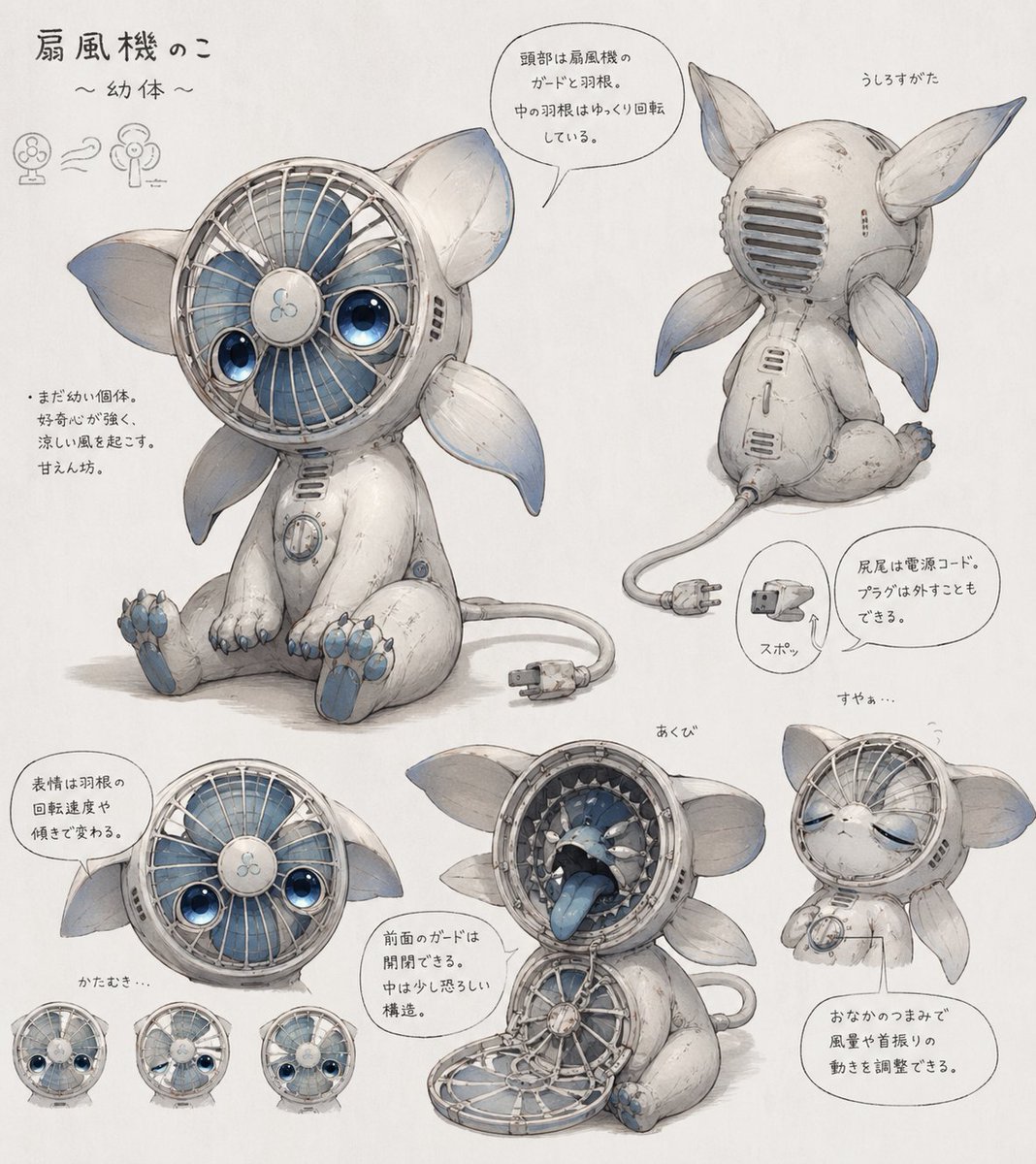 Cute Fan Creature Concept Art — Multi-View Design Sheet
