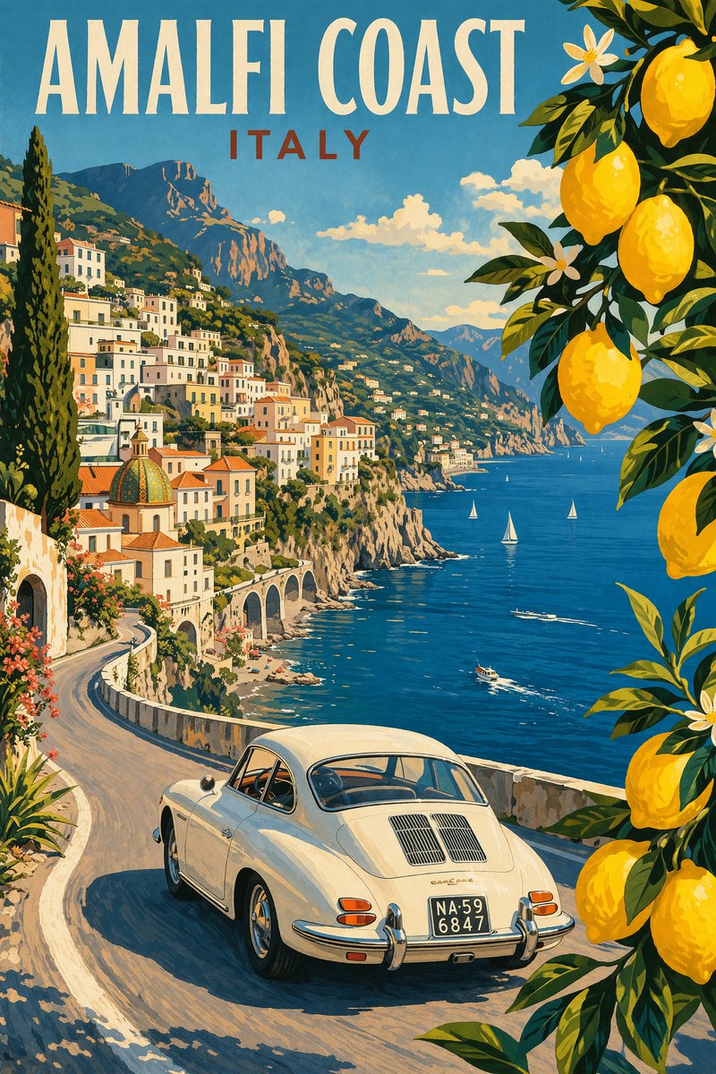 Vintage Amalfi Travel Poster Prompt: Pencil Illustration
