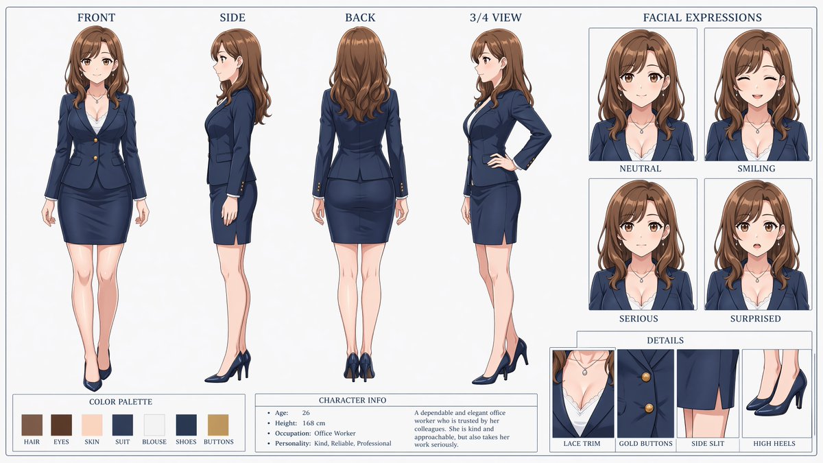 Anime Office Lady Character Sheet — Sora 2 Prompt