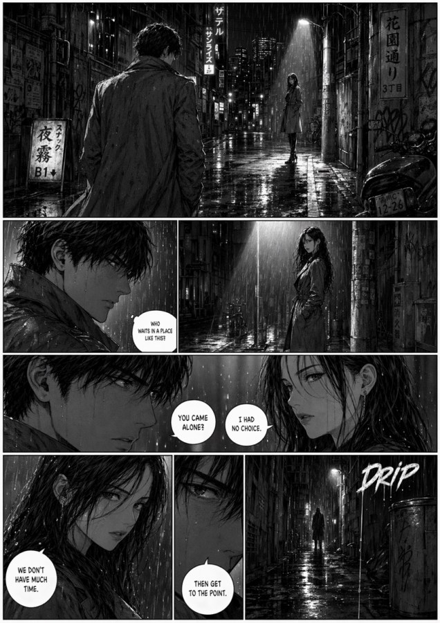Film Noir Comic Page: Rainy Japanese Alley — Sora 2 Prompt