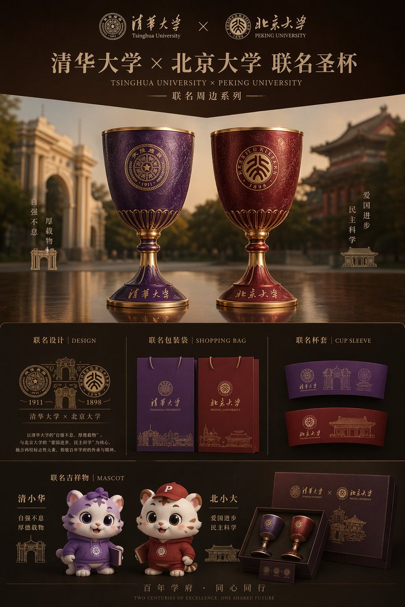 Tsinghua × Peking Luxury Co-Branded Poster — Sora 2 Prompt