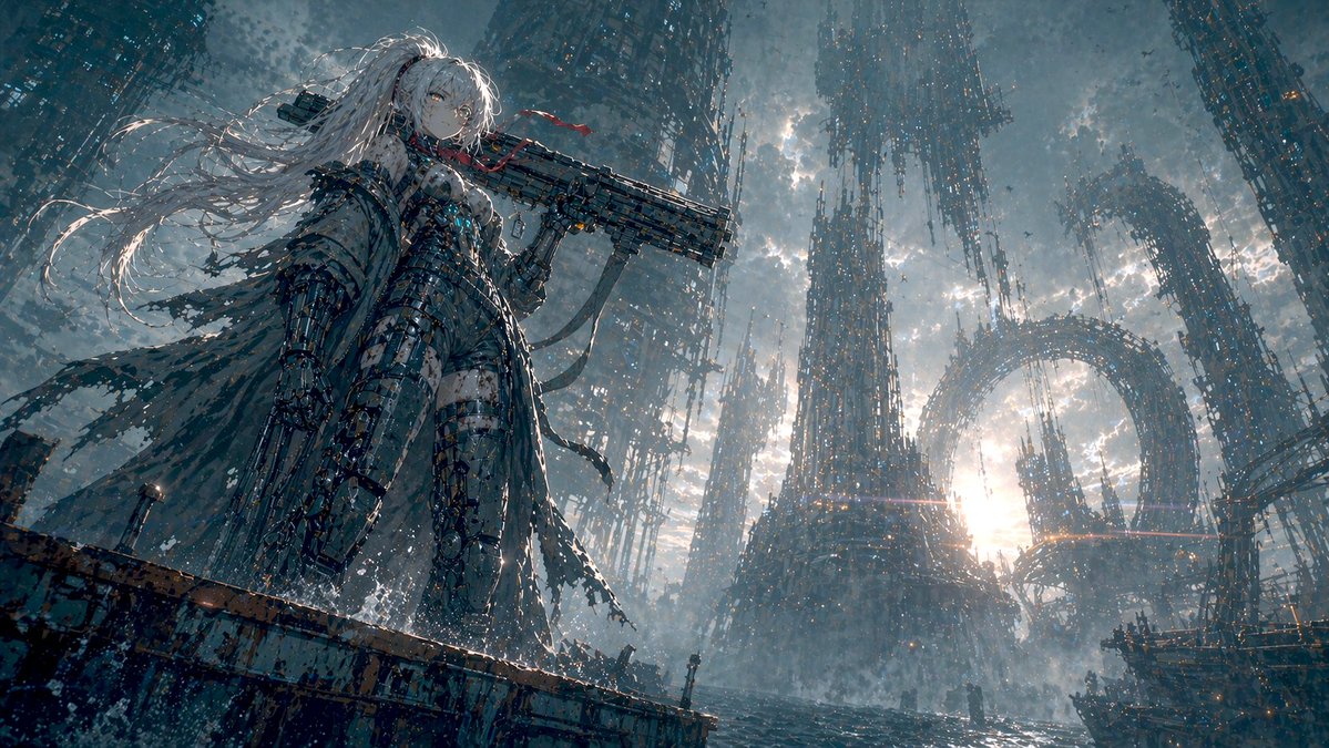 Gunmetal Mecha Girl Over Dark Sea-City — Sora 2 Prompt