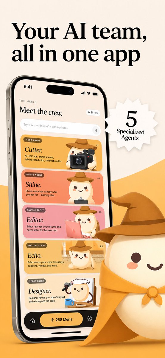 AI Agents App Poster with 3D Mascot — Warm Minimal iOS Mockup