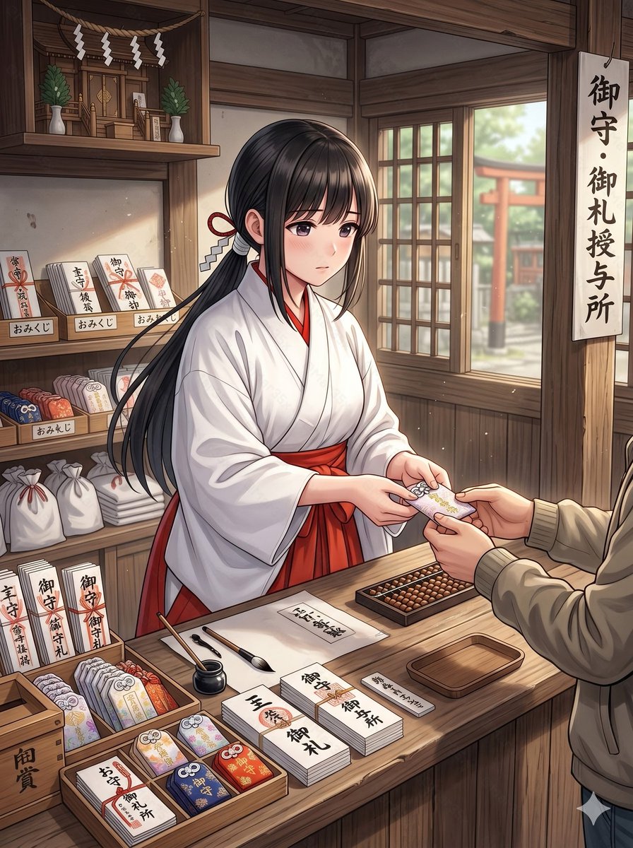 Anime Miko at Omamori Counter: Serene Shrine Scene — Sora 2 Prompt