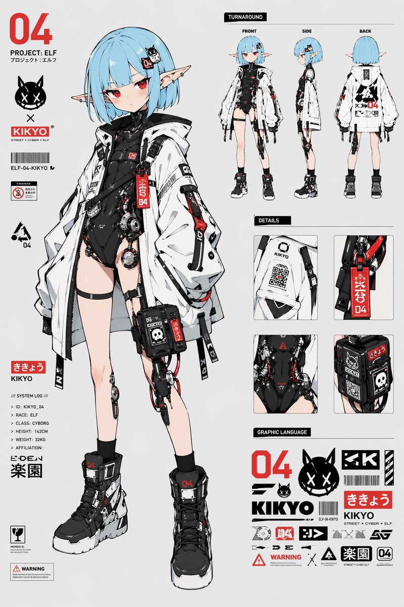 Cyberpunk Elf Cyborg Girl Design Sheet — Sora 2 Prompt