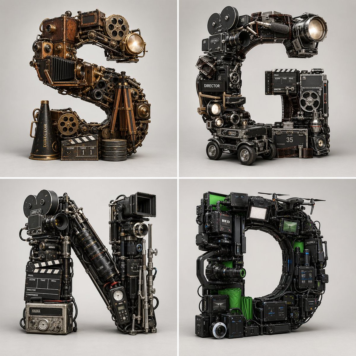 Four Eras of Cinema in 3D Letters — Sora 2 Prompt