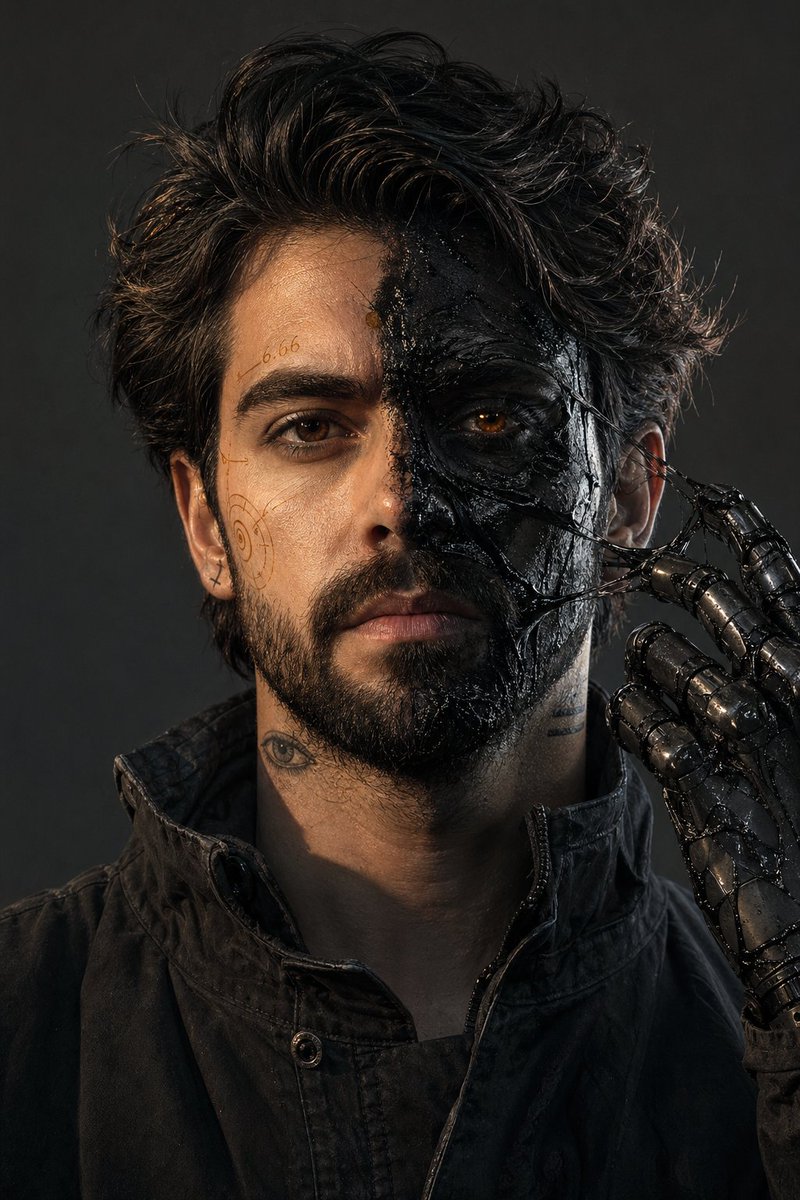 Hyperrealistic Split-Face Portrait with Black Resin & Amber Markings — Sora 2 Pr