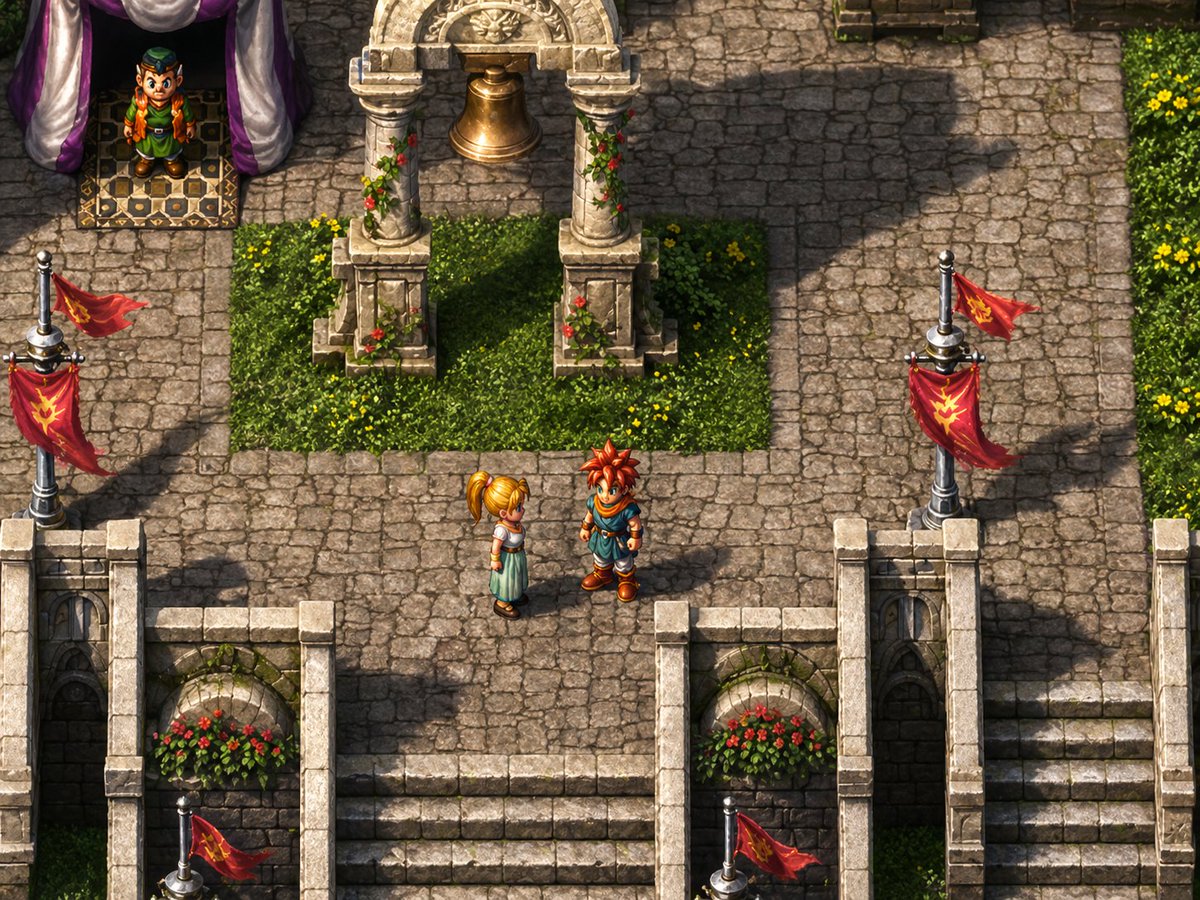 Isometric JRPG Town Square — Pixel Art Fantasy Scene