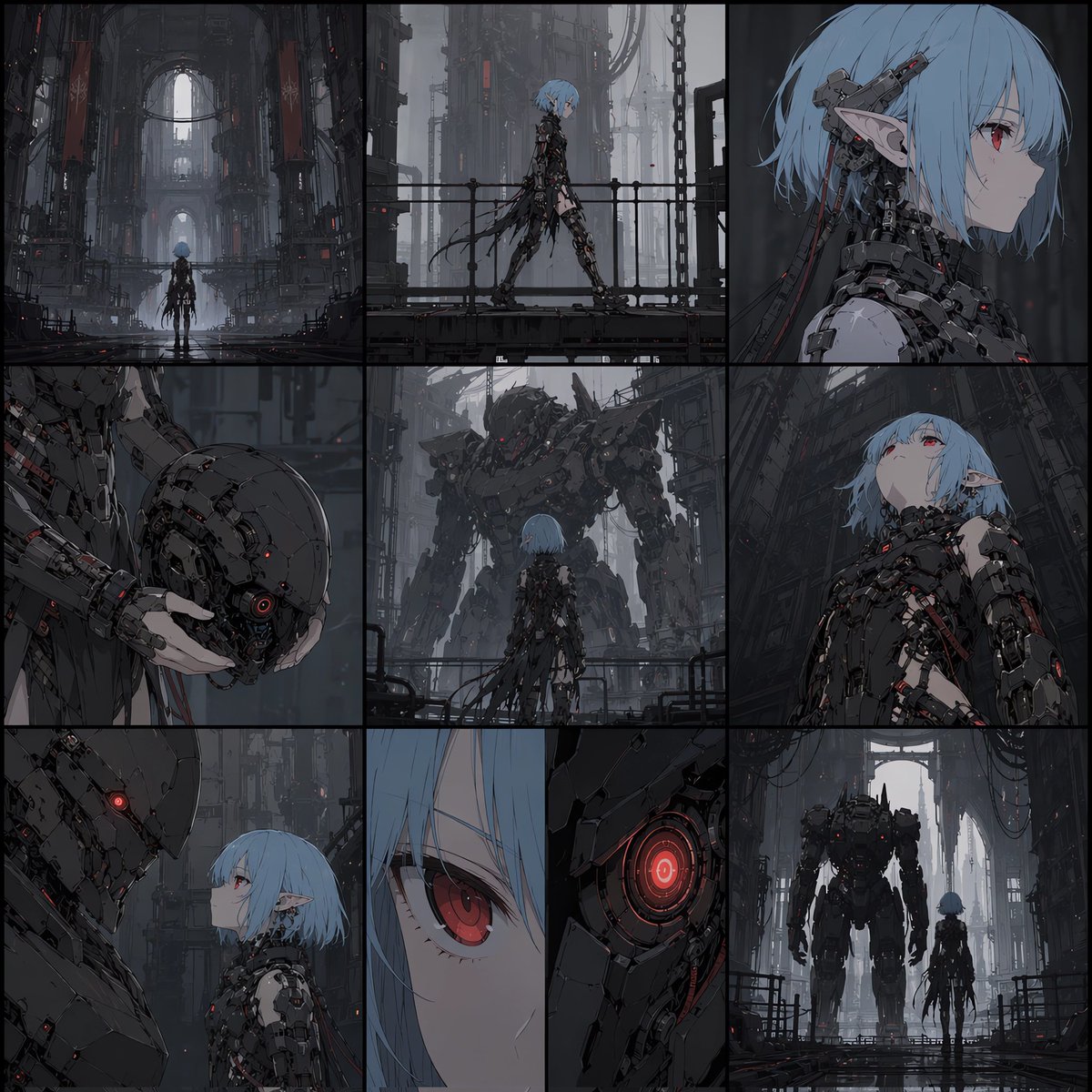 Cyberpunk Android Elf 3x3 Collage — Sora 2 Prompt
