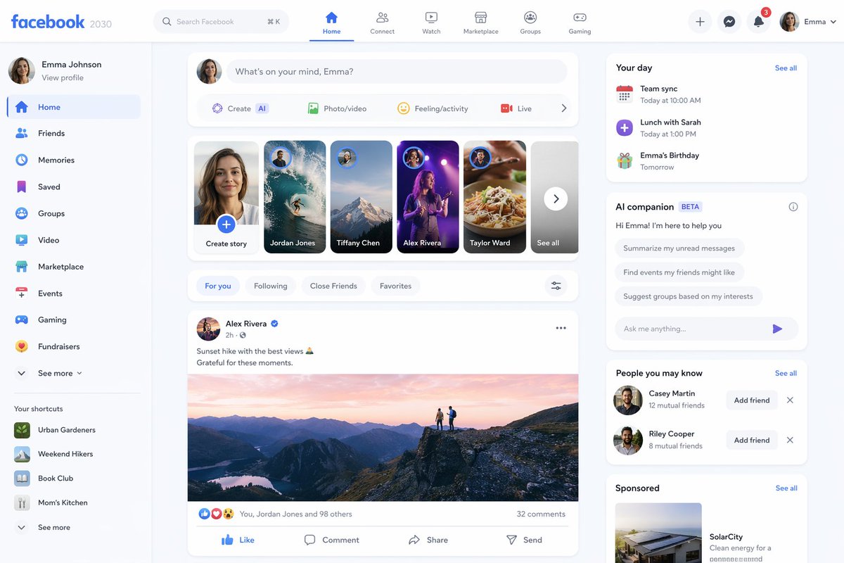 Facebook 2030 UI Mockup — Sora 2 Prompt