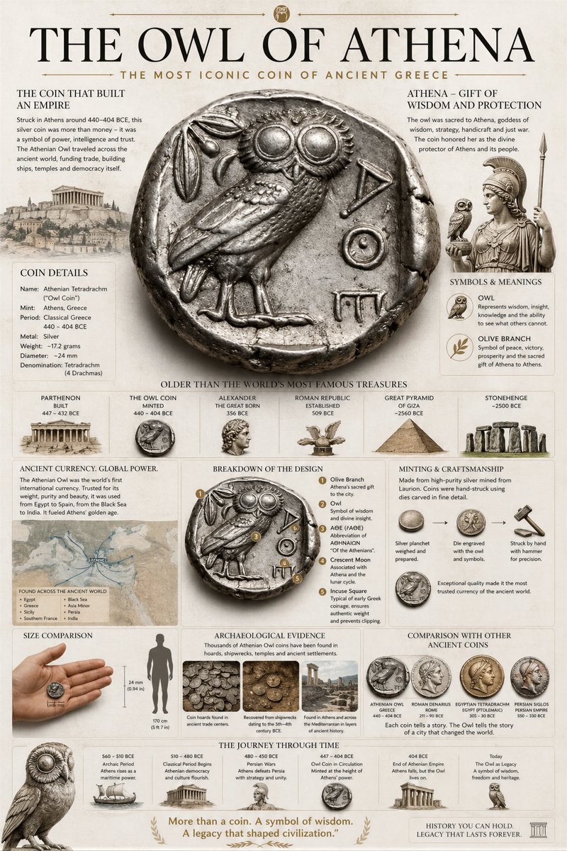Ancient Greek Coin Infographic: Athenian Owl — Sora 2 Prompt