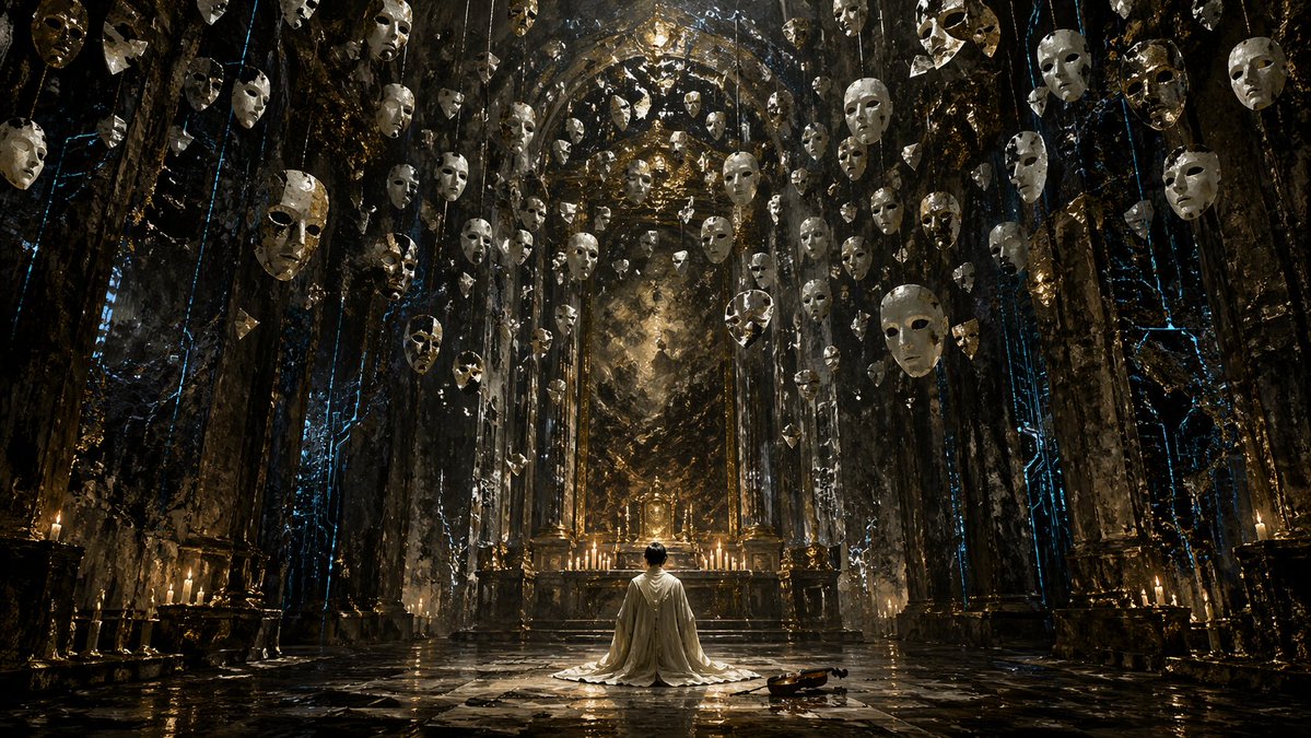 Surreal Gothic Hall with Floating Masks — Sora 2 Prompt