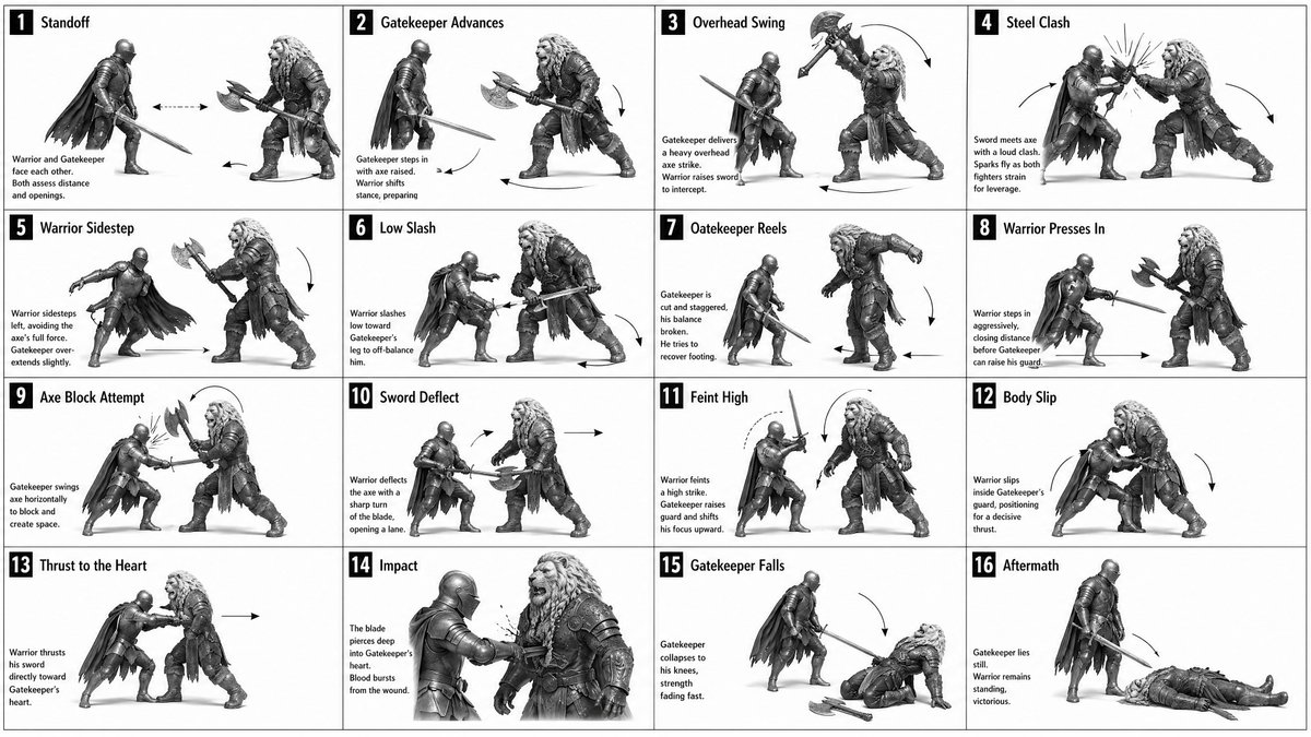 Medieval Sword vs Axe Fight Storyboard — 16-Panel Combat Sequence