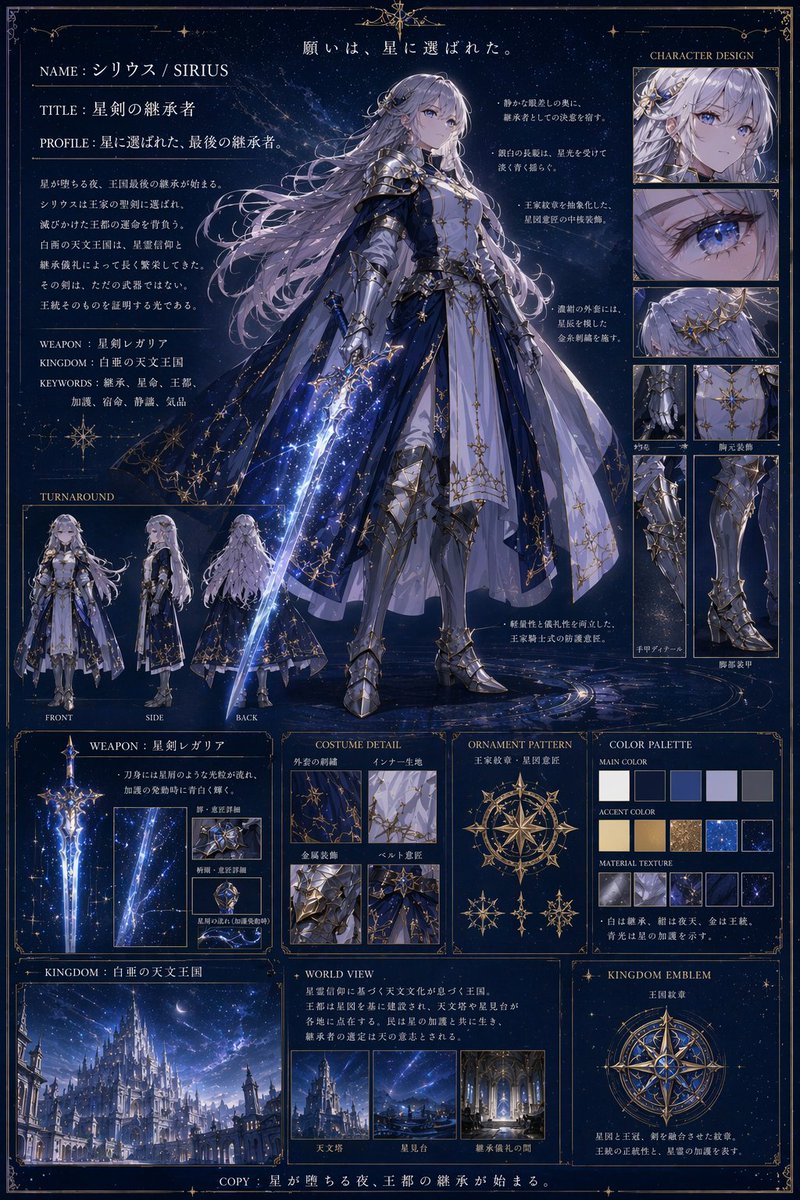 Anime Fantasy Star Knight Reference Sheet — Sora 2 Prompt