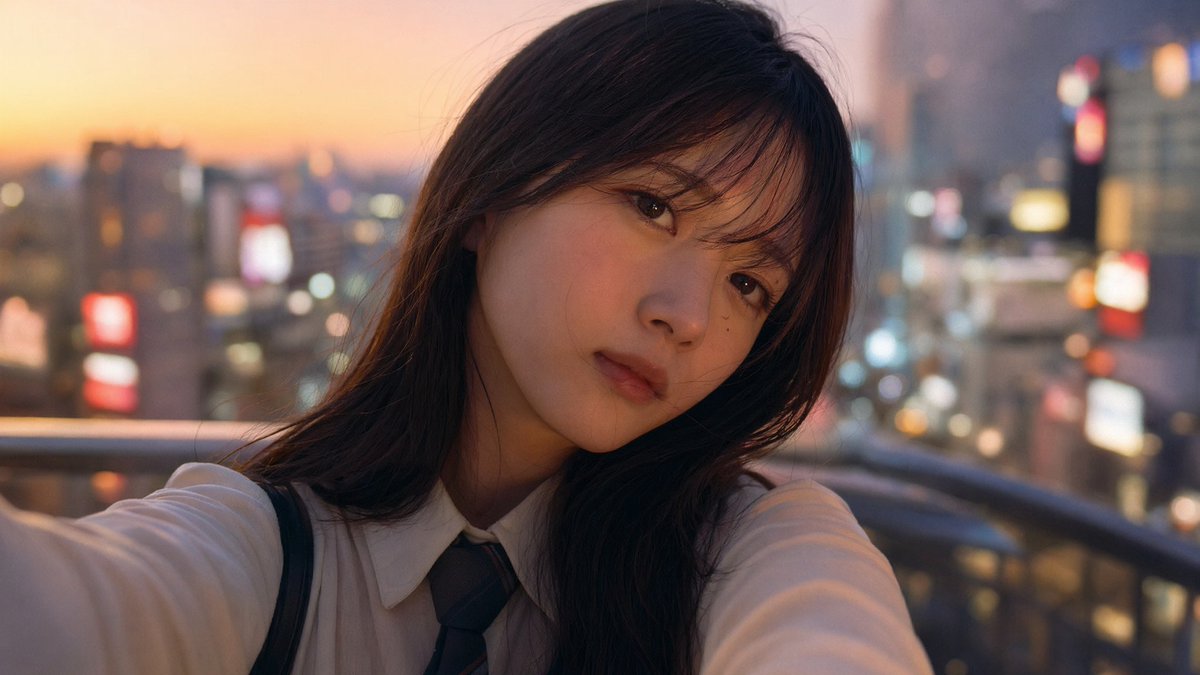 Japanese Student Selfie Prompt — Emotional Dusk Portrait