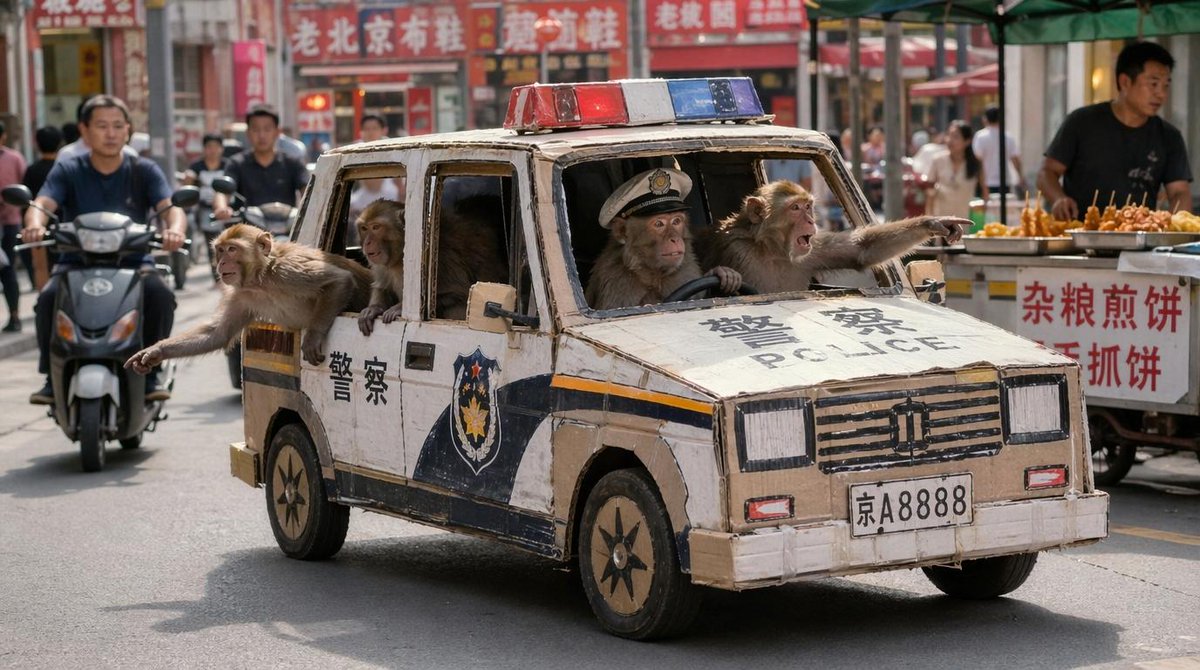 Monkey Patrol in Cardboard Cop Car — Sora 2 Prompt