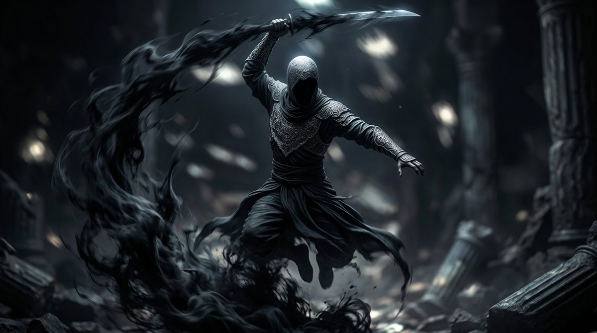 Shadow Assassin in Ruined Temple — Sora 2 Cinematic Prompt