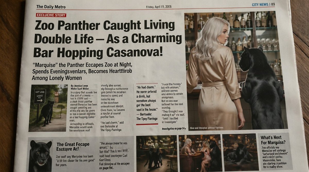Realistic Tabloid Newspaper Front Page — Absurd Panther Story Sora Prompt