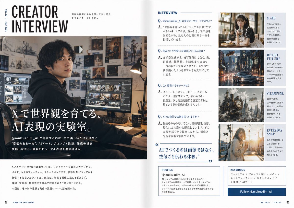 Japanese Magazine Interview Spread — AI Creator Layout Prompt