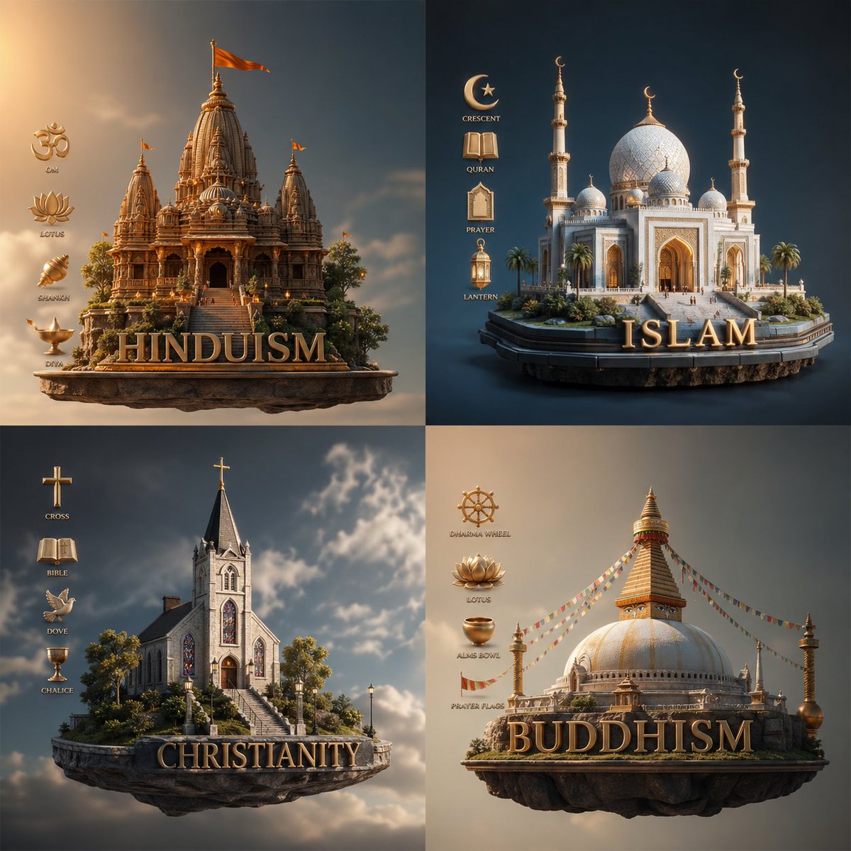 3D Religious Architecture Comparison Infographic — Sora 2 Prompt