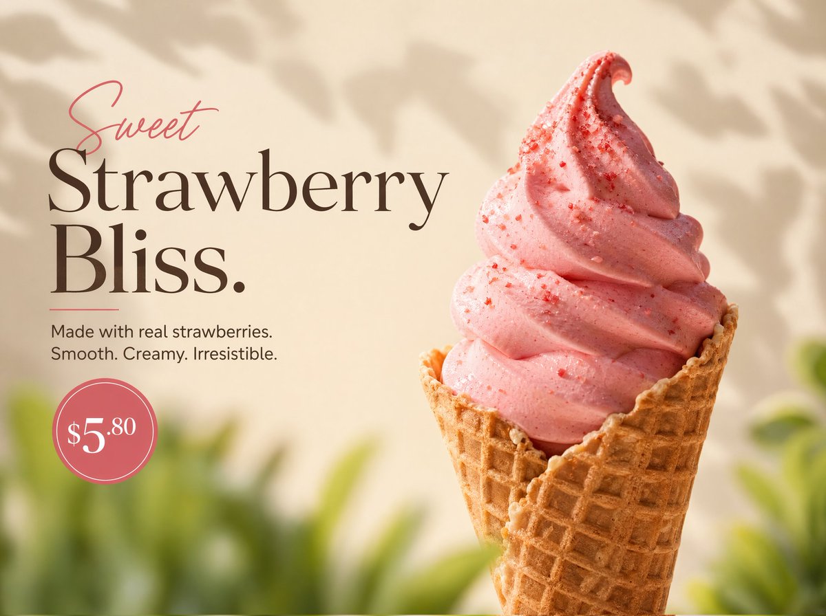 Strawberry Waffle Cone: Photorealistic Soft Serve AI Prompt