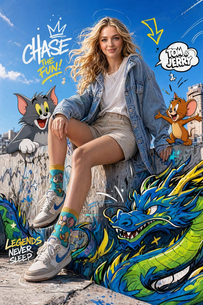 Cartoon Fusion Fashion Editorial — Mixed-Media AI Prompt
