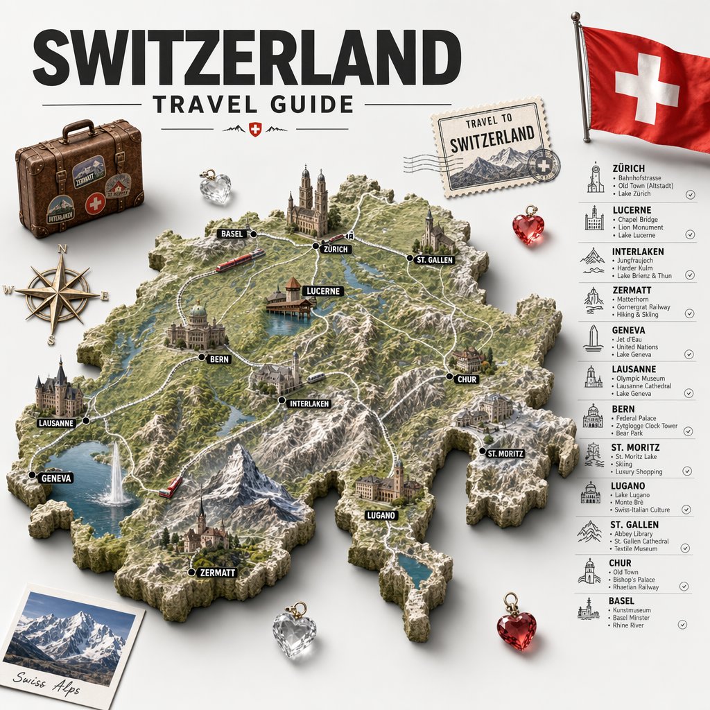 Vintage Switzerland 3D Map Travel Poster — Sora 2 Prompt