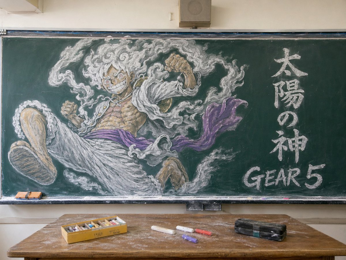 One Piece Gear 5 Luffy Chalk Mural Classroom — Sora 2 Prompt