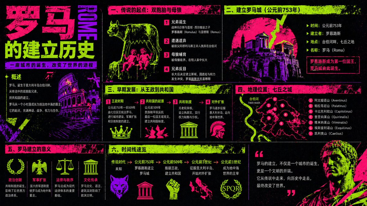 Cyberpunk Neon Rome History Infographic — Sora 2 Prompt