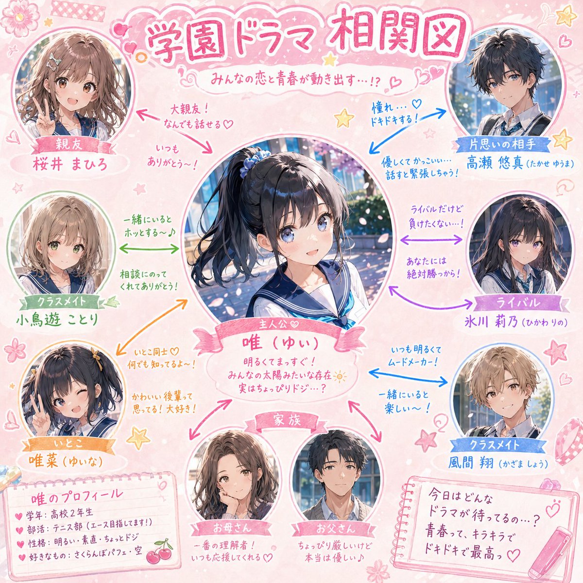 Cute Pastel School Drama Relationship Chart — Sora 2 Prompt