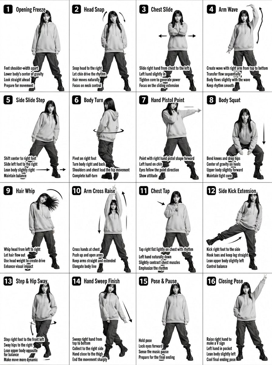 K-Pop Dance Tutorial Poster Generator: 4x4 Grid & Neon Streetwear