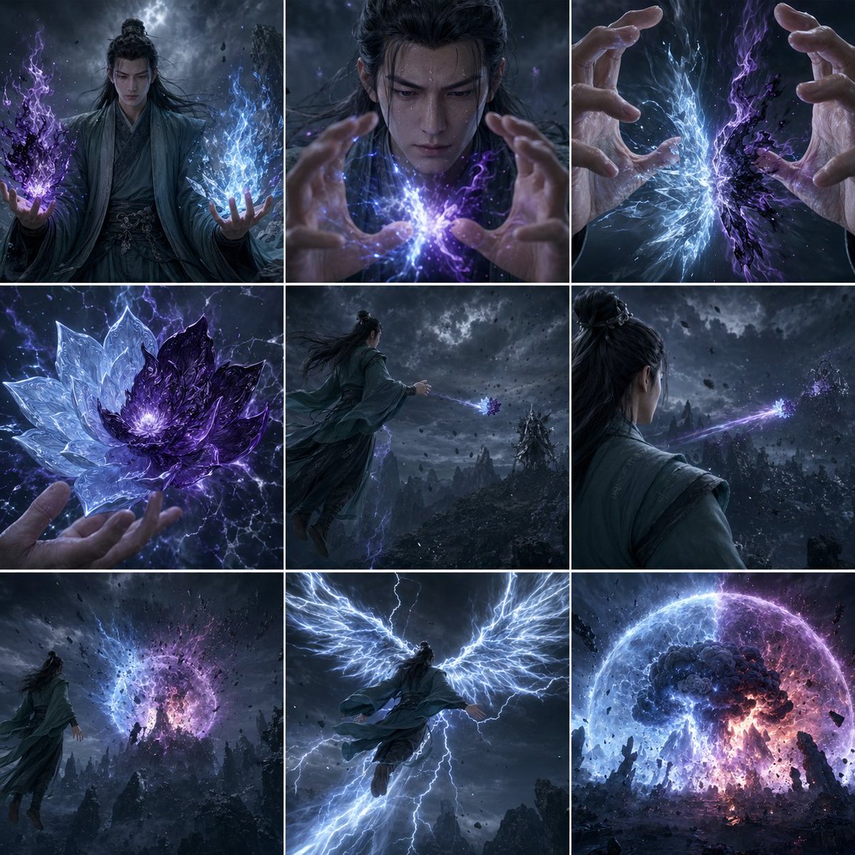 Dark Xianxia Storm Mage Ultimate Attack — 9-Grid Prompt