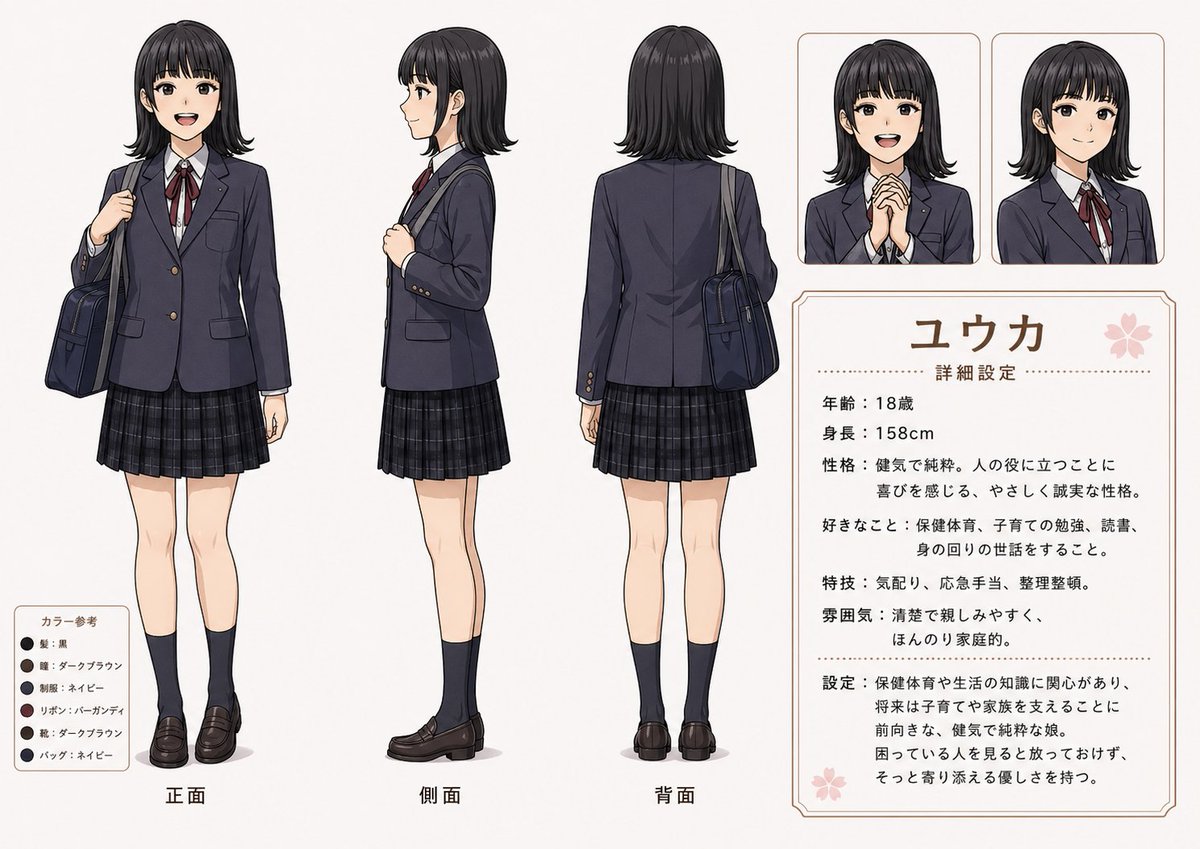 Anime Schoolgirl Character Sheet — Multi-View Design Reference