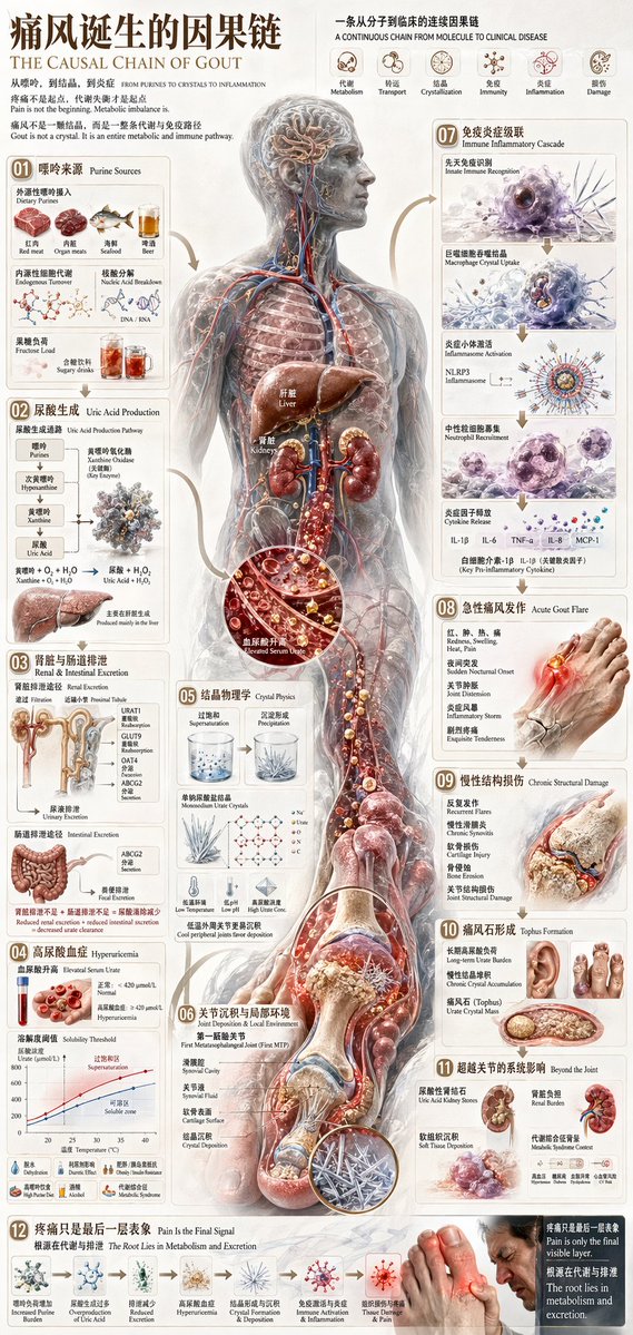 痛风因果链医学信息图海报 — 中文 3D 生物医学 Prompt