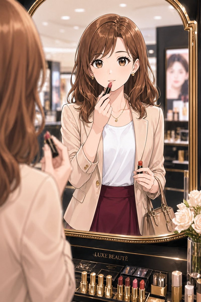 Japanese Office Lady at Luxury Beauty Counter — Anime Portrait