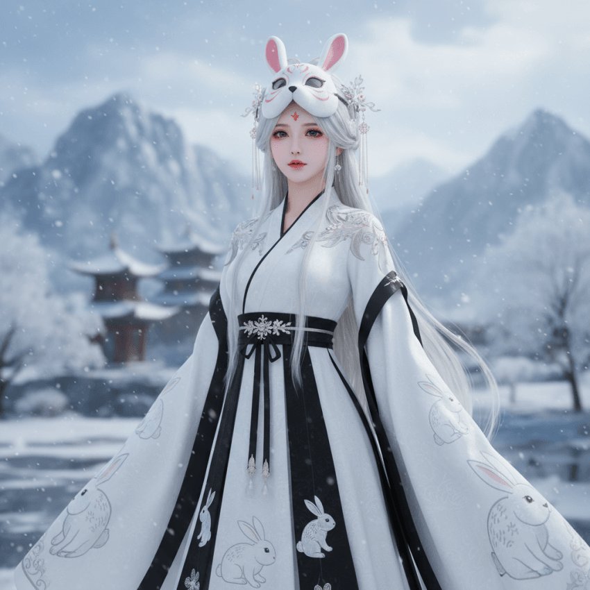 Snow Rabbit Mask Hanfu Portrait — Sora 2 Prompt