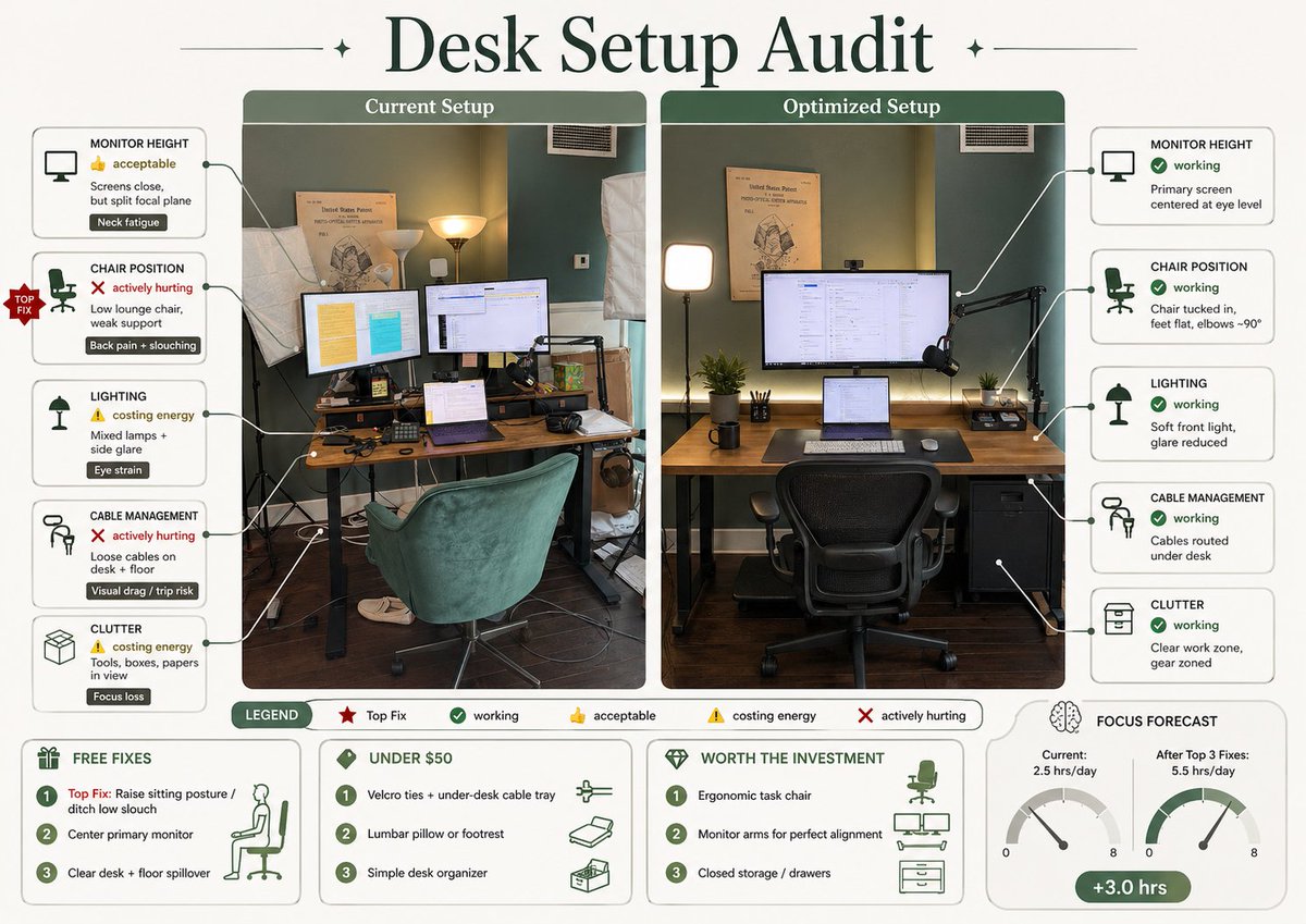 Desk Setup Audit Infographic — Before & After Comparison Prompt